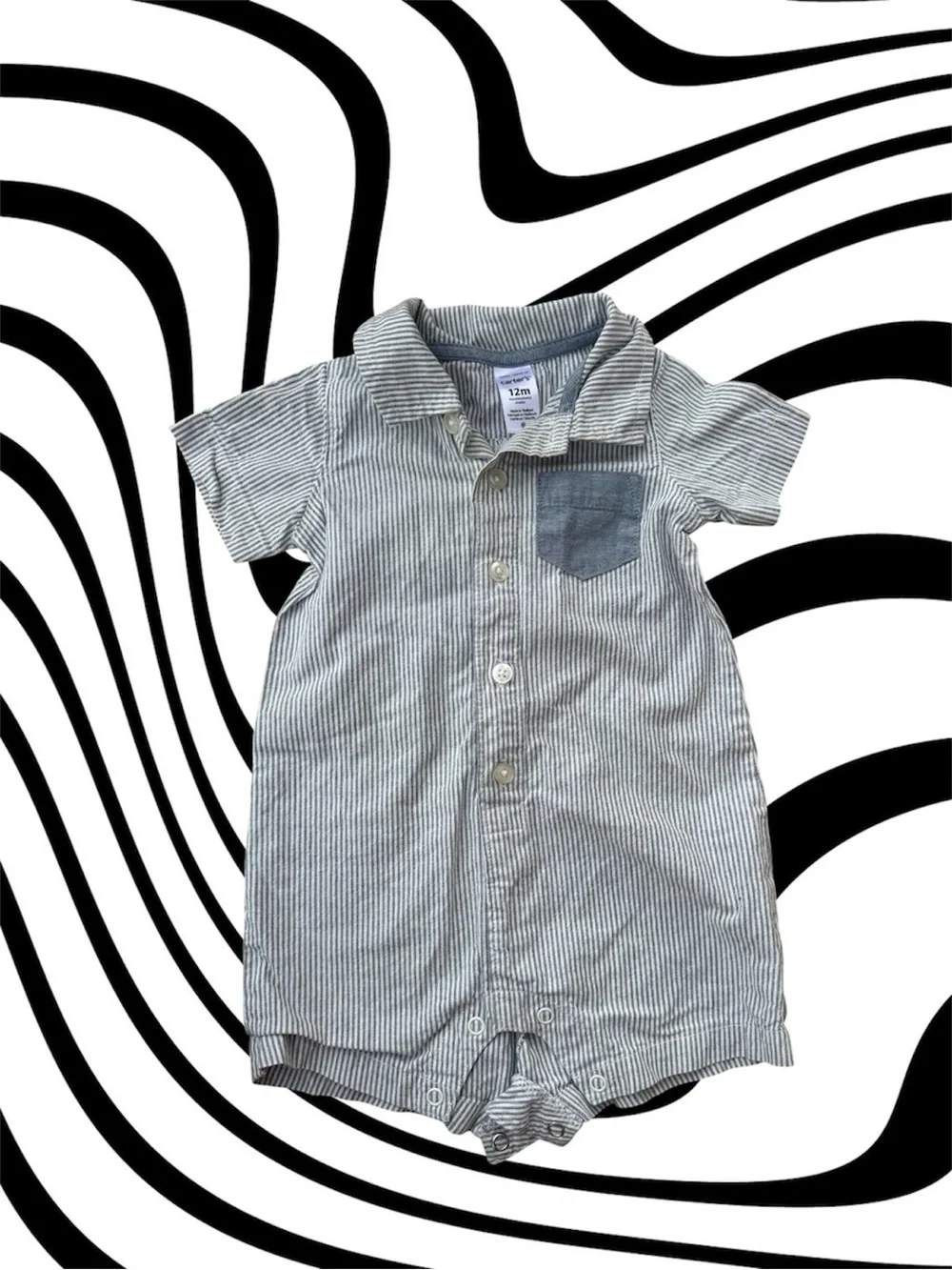 Boys Gray Striped Button Down Romper- Gray & Brown Plaid Jacket